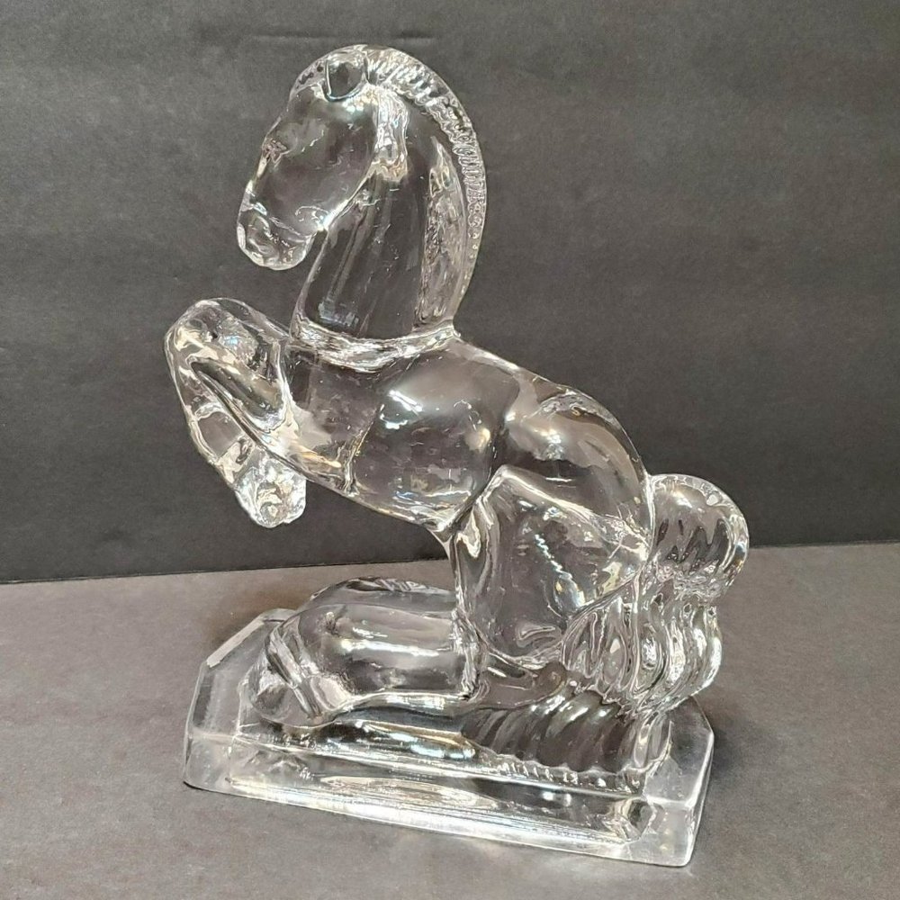 Glass Rearing Horse Statue / Bookend, Fostoria 1940s, Vintage Crystal Clear MCM